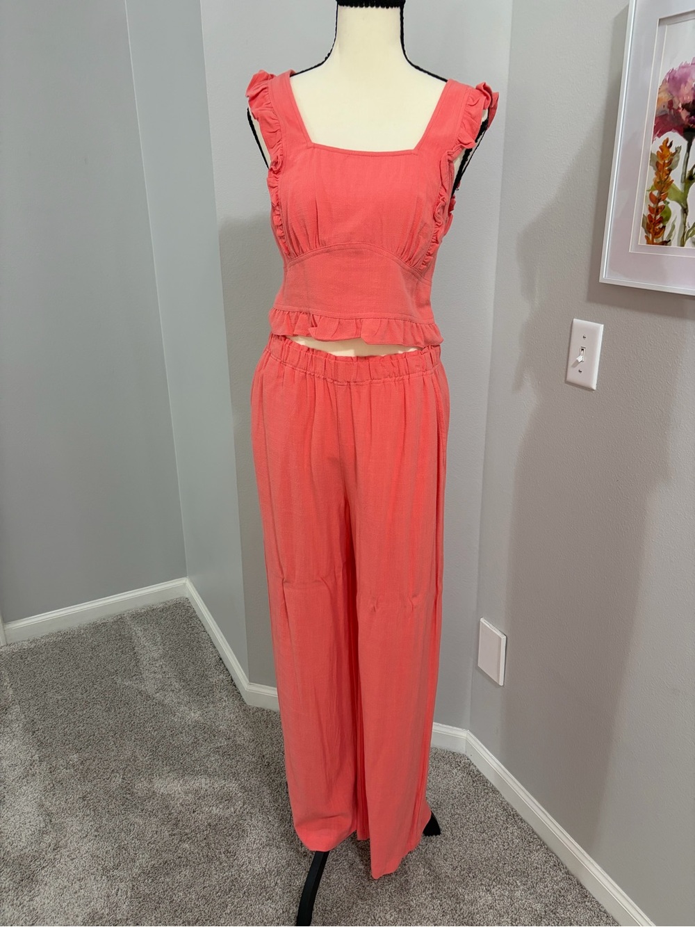 Women's Coral Two-Piece Linen Coordinated  Set